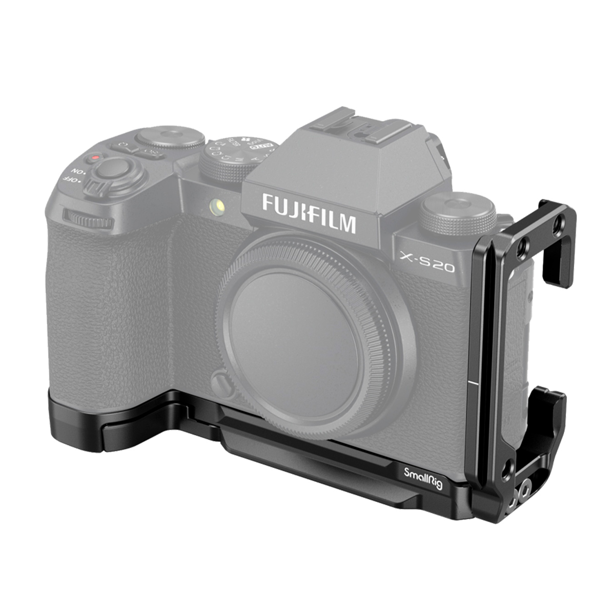 Fujifilm X-S20 -kamera ja objektiivin suojus on asennettu mustaan SmallRig 4231 L-muotoiseen kiinnityslevyyn Fujifilm X-S20:lle, ja se näkyy valkoisella taustalla.