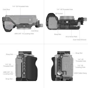 Neljä näkymää SmallRig 4257 Cage Kit for Sony ZV-E1 -kameralle, jossa korostetaan merkittyjä ominaisuuksia, kuten 1/4-20- ja 3/8-16-kierteitä, kylmäkenkäkiinnikkeitä, hihna-aukkoja, HDMI-kaapelikiinnikettä, QD-liitäntää ja Arca-Swiss-levyä.