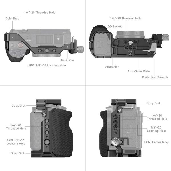 Neljä näkymää SmallRig 4257 Cage Kit for Sony ZV-E1 -kameralle, jossa korostetaan merkittyjä ominaisuuksia, kuten 1/4-20- ja 3/8-16-kierteitä, kylmäkenkäkiinnikkeitä, hihna-aukkoja, HDMI-kaapelikiinnikettä, QD-liitäntää ja Arca-Swiss-levyä.