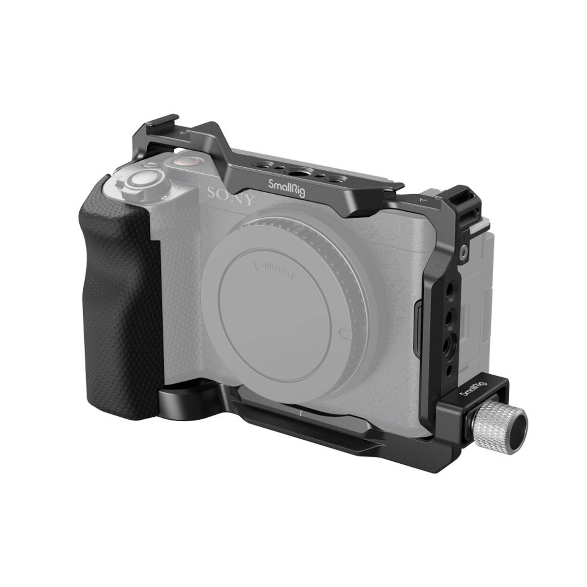 The SmallRig 4257 Cage Kit for Sony ZV-E1 is attached to the partially transparent Sony camera, revealing the cage grip, base and side mounting points.
