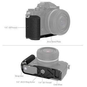 SmallRig 4263 L-shaped grip for Nikon Z fc (black) is shown in the two marked diagrams. The top image highlights the Arca Swiss plate and 1/4-20 thread; the bottom image shows the strap hole, D-ring screw, thread and cold shoe mount.