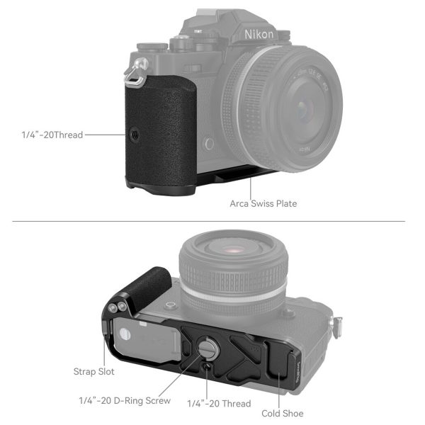 SmallRig 4263 L-shaped grip for Nikon Z fc (black) is shown in the two marked diagrams. The top image highlights the Arca Swiss plate and 1/4-20 thread; the bottom image shows the strap hole, D-ring screw, thread and cold shoe mount.