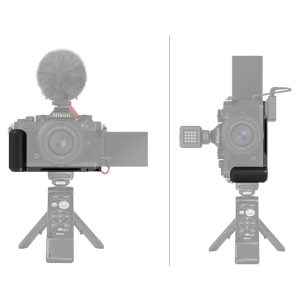 Front and side shots of the Nikon Z fc with SmallRig 4263 L-shaped grip (black) attached to the tripod with top-mounted microphone, side light and remote control visible on the tripod.