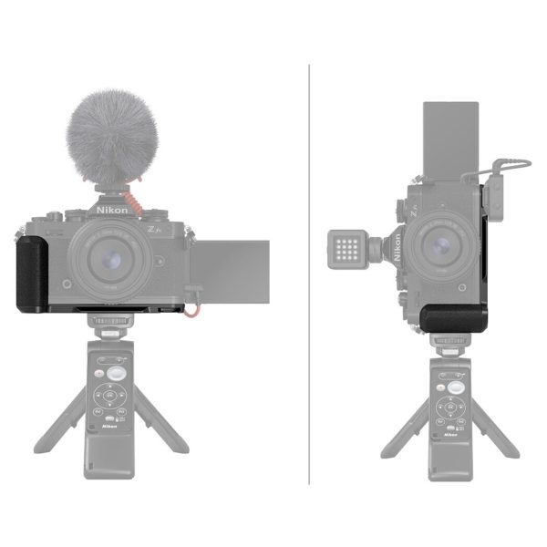 Front and side shots of the Nikon Z fc with SmallRig 4263 L-shaped grip (black) attached to the tripod with top-mounted microphone, side light and remote control visible on the tripod.