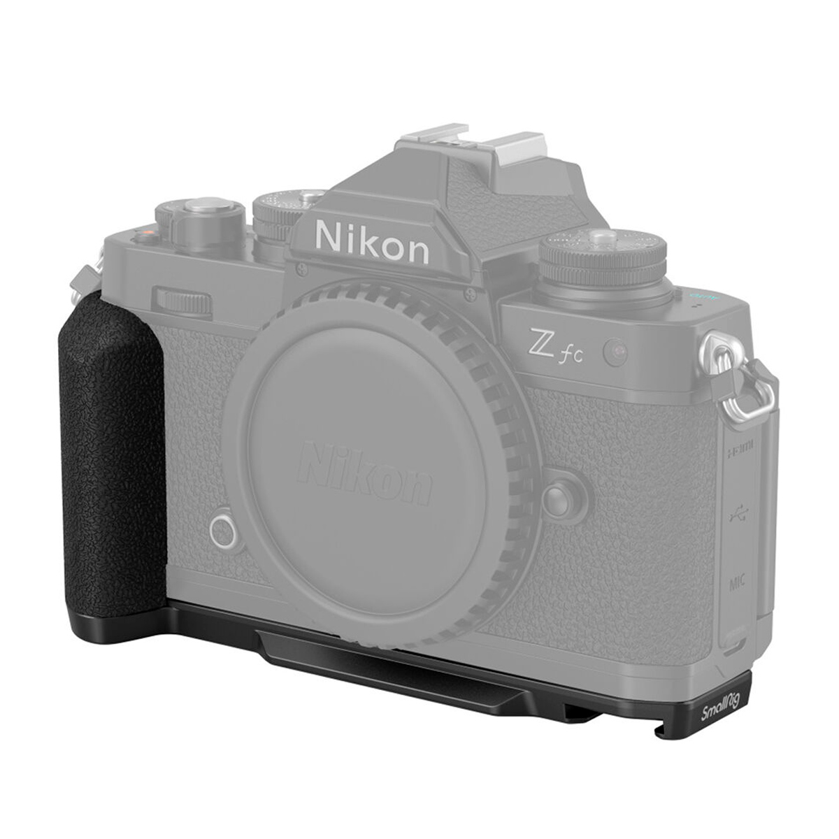 The image shows a black Nikon Z fc camera with a black SmallRig 4263 L-shaped grip attached to the tripod; the camera is partially blurred to highlight the grip.