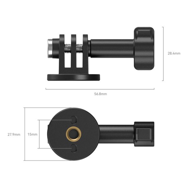 SmallRig 4277 -kiinnitystuki toimintakameroille on esitetty sivulta ja alhaalta, ja mitat on merkitty: Pituus 56,8 mm, korkeus 28,4 mm, pohjan halkaisija 27,9 mm ja keskireiän halkaisija 15 mm.