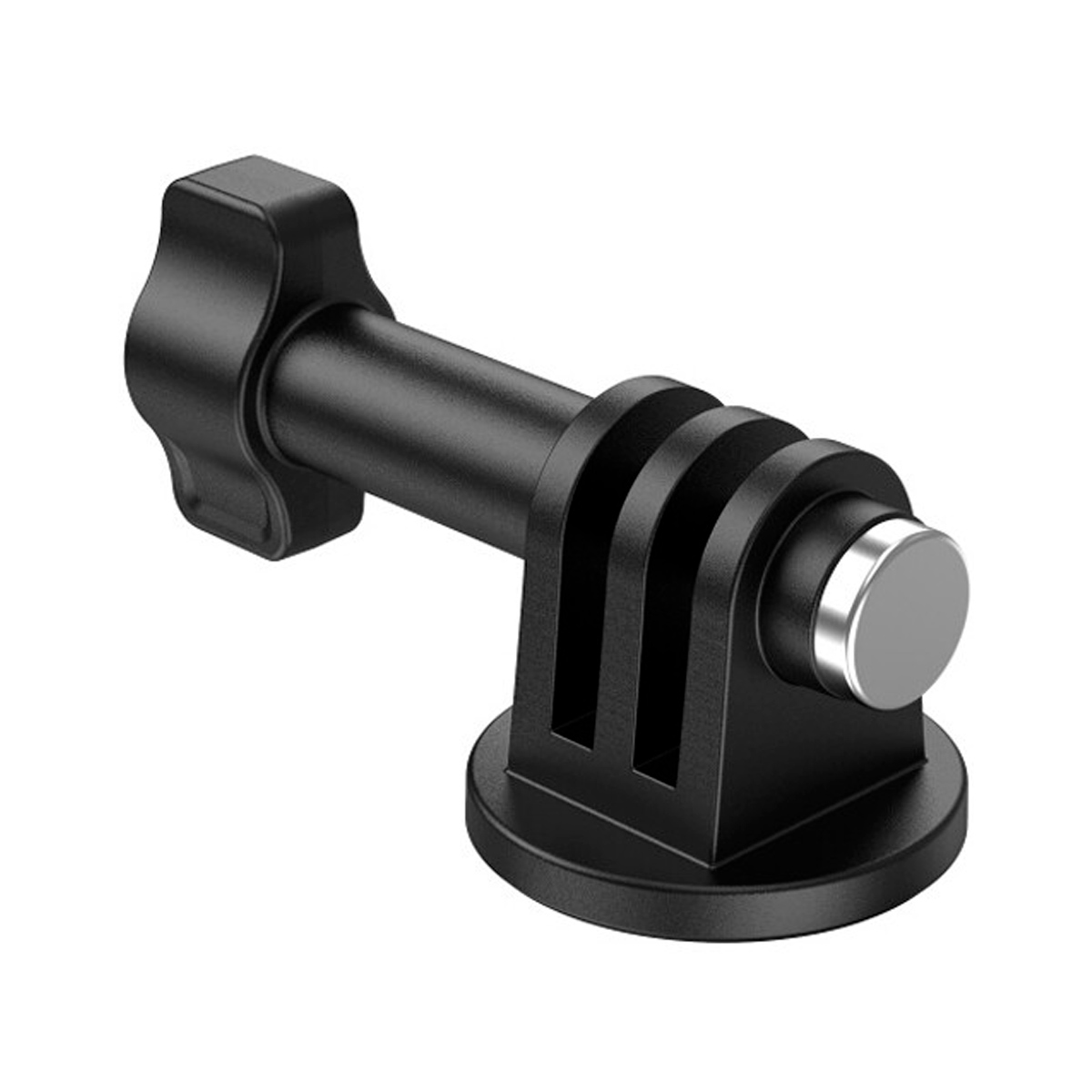 SmallRig 4277 Mounting Support for Action Cameras on musta muovinen sovitin, jossa on pyöreä pohja, sylinterimäinen varsi, peukaloruuvi ja kaksipiikkinen muotoilu GoPron ja vastaavien toimintakameroiden tai lisävarusteiden kiinnittämiseen turvallisesti.
