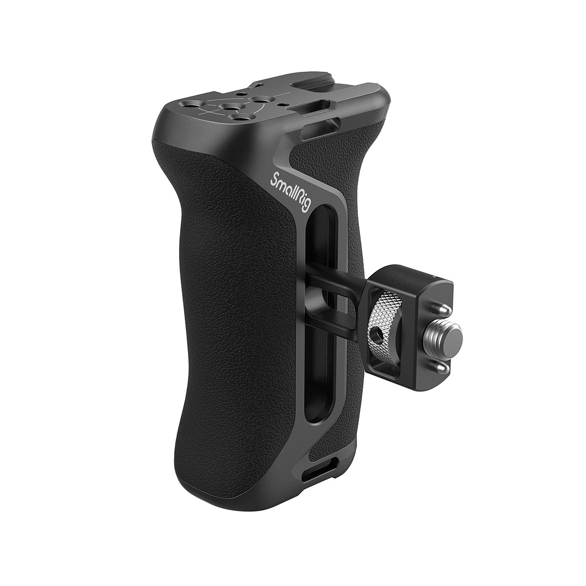 SmallRig 4016 ARRI Locating Side Handle on musta, ergonomisesti muotoiltu kamerakahva, jossa on kuvioitu pinta ja näkyvä kiinnitysruuvi, joka tukee kameraa tukevasti kädessä.