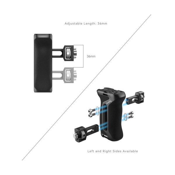 Mustassa SmallRig 4016 ARRI Locating Side Handle -kahvassa on säädettävä 36 mm:n kahva, joka sopii sekä vasemmalle että oikealle puolelle. Kuvissa näkyy kahva ylhäältä ja sivulta, ja huomautukset korostavat säädettävää osaa.