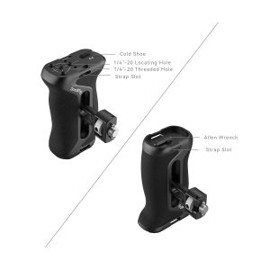 Kaksi näkymää SmallRig 4016 ARRI Locating Side Handle -mallin mustasta sivukahvasta näyttää merkityt ominaisuudet: kylmä kenkä, 1/4"-20 paikannus- ja kierrereiät, hihna-aukko ja kuusiokoloavain. Kahvassa on kuvioitu pinta ja useita kiinnityspisteitä.