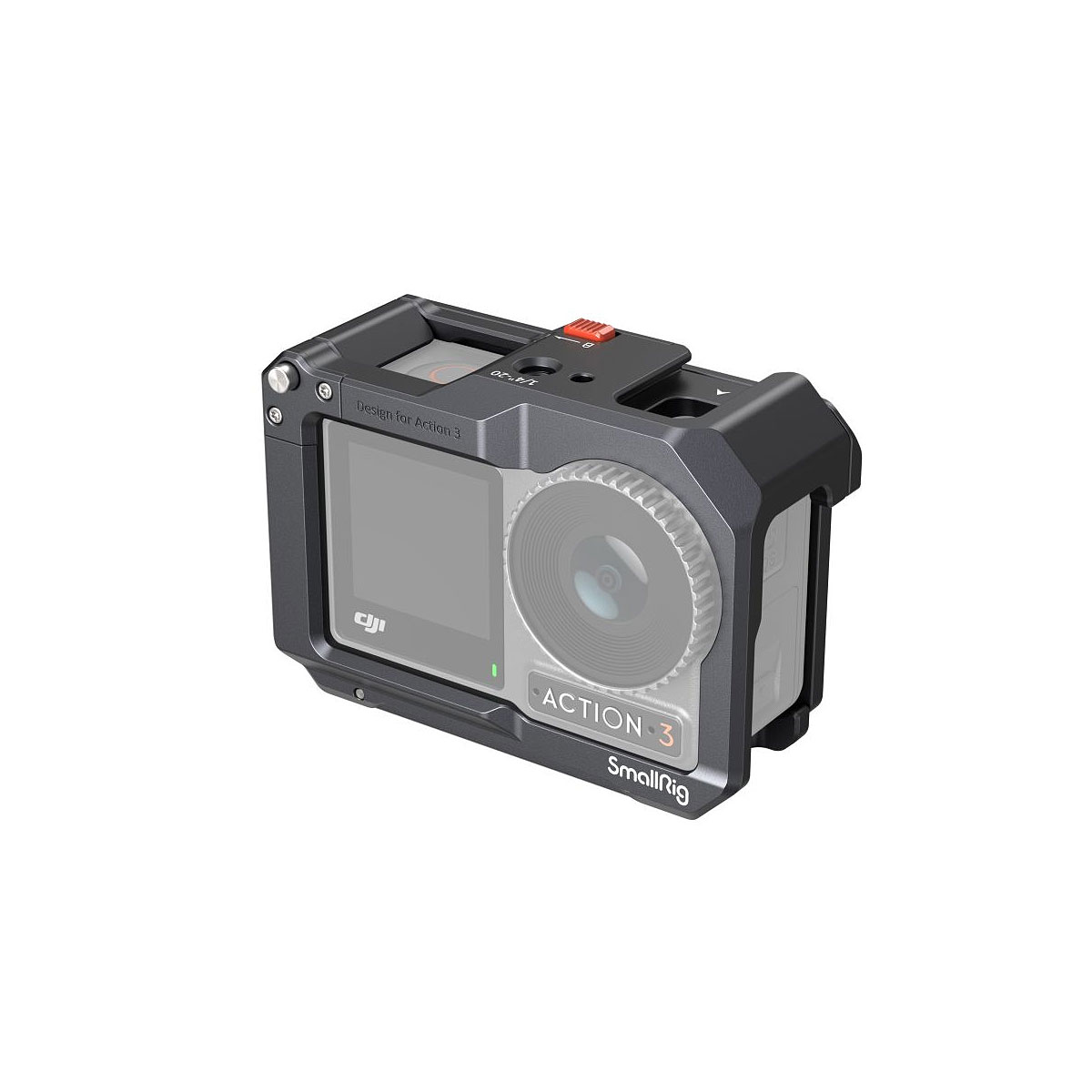 DJI Osmo Action 3 näkyy SmallRig 4119 Cage for DJI Osmo Action 3 / 4 -mallissa, jossa on näkyvä linssi, näyttö ja punainen microSD-kortti, joka on osittain asetettu yläosaan.