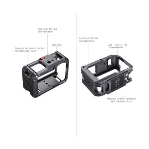 SmallRig 4119 Cage for DJI Osmo Action 3 / 4 on esitetty vierekkäin sekä vaaka- että pystyasennossa, ja siinä on kylmäkenkäkiinnikkeet, kiertymisen estävät kierrereiät ja magneettiset pikakiinnikkeet valkoista taustaa vasten.