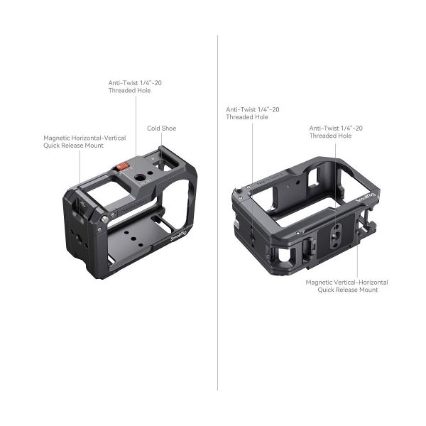 SmallRig 4119 Cage for DJI Osmo Action 3 / 4 on esitetty vierekkäin sekä vaaka- että pystyasennossa, ja siinä on kylmäkenkäkiinnikkeet, kiertymisen estävät kierrereiät ja magneettiset pikakiinnikkeet valkoista taustaa vasten.