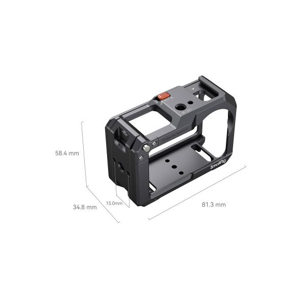 SmallRig 4119 Cage for DJI Osmo Action 3/4 on musta metallinen kamerahäkki, jossa on useita kiinnityspisteitä ja jonka mitat ovat 58,4 mm korkea, 34,8 mm leveä, 81,3 mm pitkä ja 15,0 mm paksu.