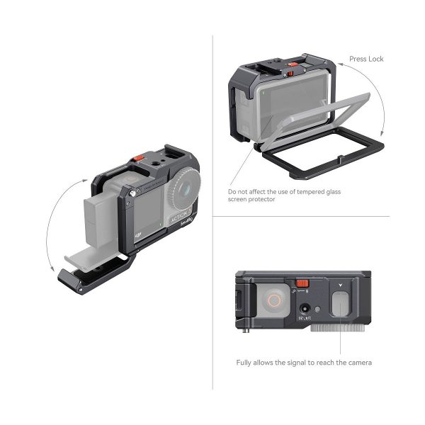 Kuvassa näytetään, miten SmallRig 4119 Cage for DJI Osmo Action 3 / 4 avataan: paina lukituspainiketta ja avaa sivuluukku akun asettamista varten. Korostaa myös yhteensopivuutta karkaistun lasisen näytönsuojan kanssa.