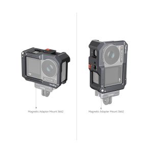 Kaksi näkymää DJI Osmo Action 3 -laitteesta SmallRig 4119 Cage -laitteessa, joka on kiinnitetty magneettiseen adapterikiinnikkeeseen 3662, kuvattuna etu- ja sivuperspektiivistä valkoista taustaa vasten.