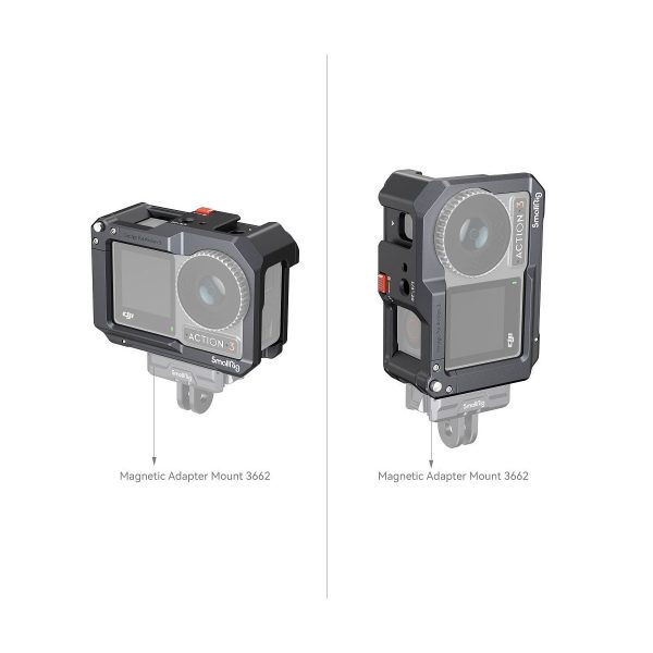 Kaksi näkymää DJI Osmo Action 3 -laitteesta SmallRig 4119 Cage -laitteessa, joka on kiinnitetty magneettiseen adapterikiinnikkeeseen 3662, kuvattuna etu- ja sivuperspektiivistä valkoista taustaa vasten.