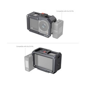 Kaksi näkymää SmallRig 4119 Cage for DJI Osmo Action 3 / 4 -laitteesta mustana, johon on kiinnitetty lisävaruste, joka osoittaa yhteensopivuuden DJI Micin kanssa. Asetelma näkyy sekä etu- että takakulmasta.