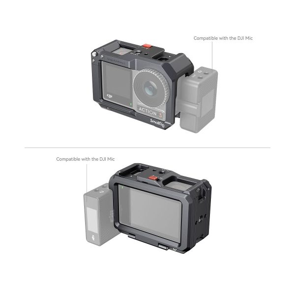 Kaksi näkymää SmallRig 4119 Cage for DJI Osmo Action 3 / 4 -laitteesta mustana, johon on kiinnitetty lisävaruste, joka osoittaa yhteensopivuuden DJI Micin kanssa. Asetelma näkyy sekä etu- että takakulmasta.