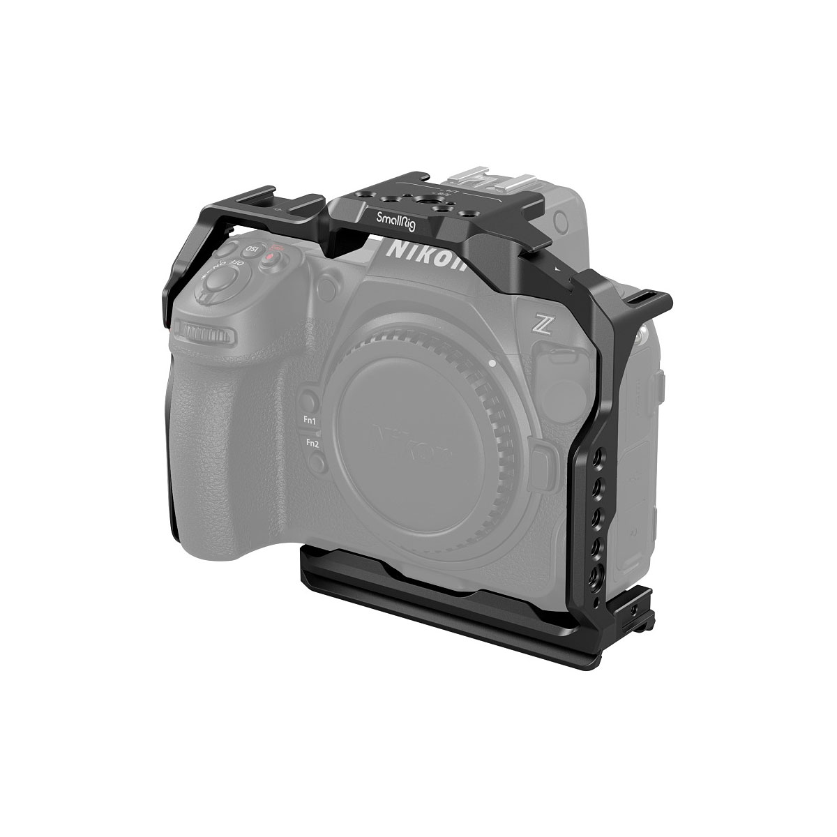 SmallRig 3940 Cage for Nikon Z8, black metal, mounts around the Nikon Z8 camera and provides additional support and mounting options. The camera appears as a grey, semi-transparent rendering.