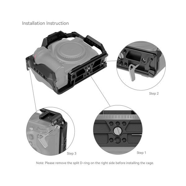 Installing the SmallRig 3940 cage on a Nikon Z8: Step 1: Remove the split D-ring from the bottom right of the camera; Step 2: Align the camera with the cage; Step 3: Secure it in place.