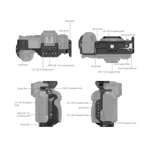 Diagram of the SmallRig 3940 Cage for Nikon Z8, showing several marked attachment points - strap holes, cold shoes, threaded holes, QD interface, NATO rail and tool storage - and illustrating the camera.