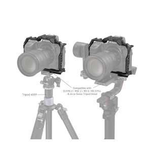 Two SmallRig 3940 Cage for Nikon Z8 camera cages are used, one attached to the tripod (model 4059) and the other to the gimbal. Text indicates compatibility with DJI RS gimbals and Arca-Swiss tripod heads.