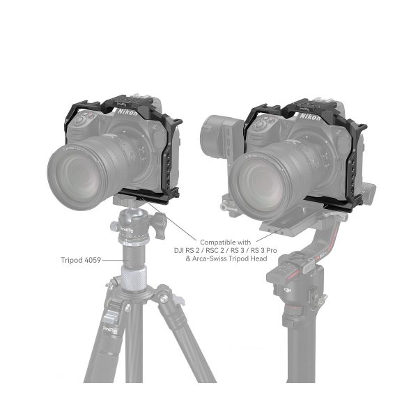 Two SmallRig 3940 Cage for Nikon Z8 camera cages are used, one attached to the tripod (model 4059) and the other to the gimbal. Text indicates compatibility with DJI RS gimbals and Arca-Swiss tripod heads.