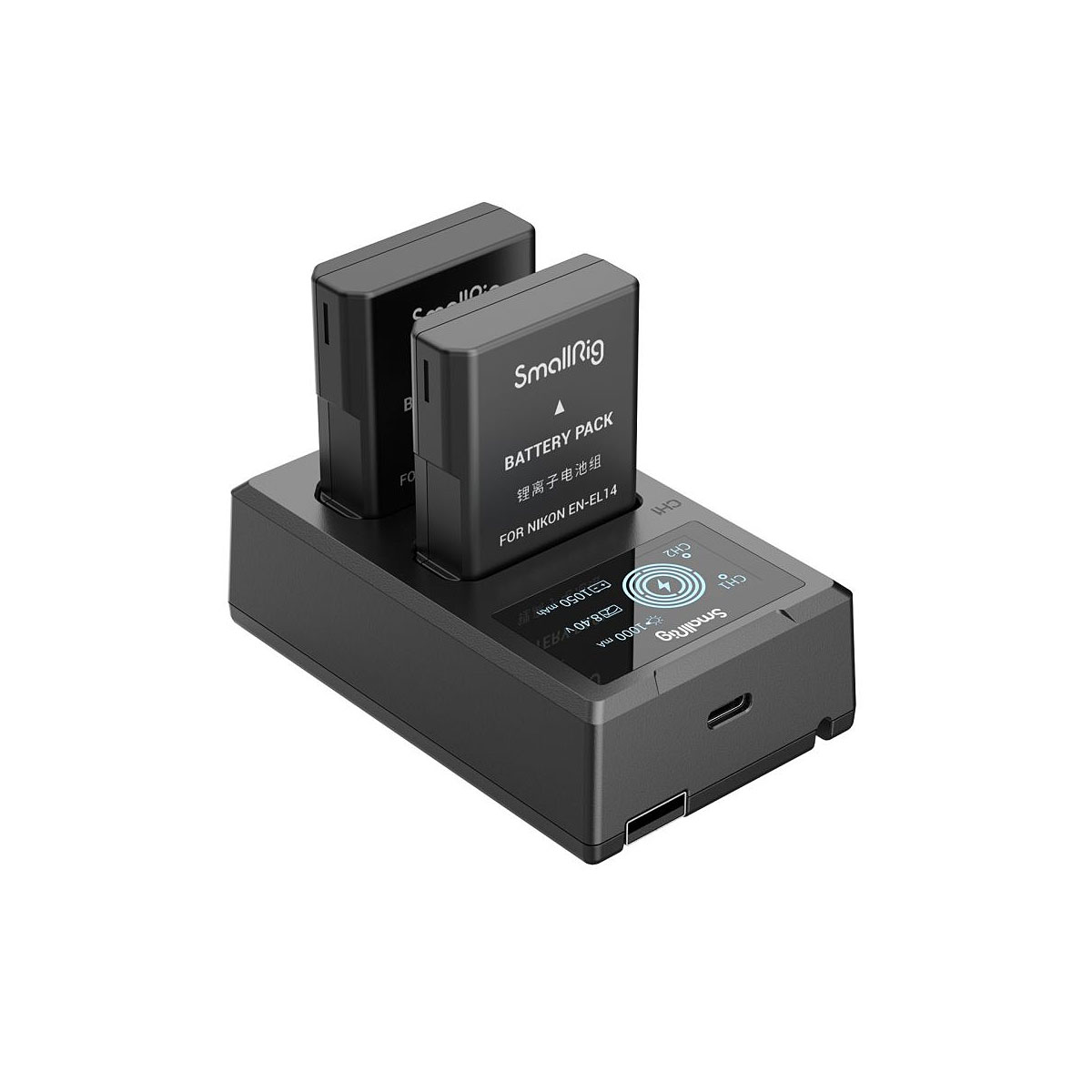 SmallRig 3819 EN-EL14-kameran akku- ja laturisarja sisältää kaksoislaturin, johon on asetettu kaksi mustaa Nikon EN-EL14-akkua, kuvassa valkoisella pohjalla.