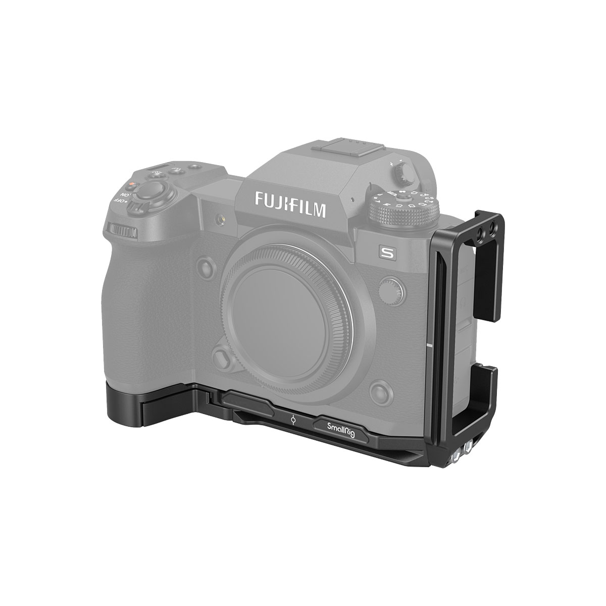 The SmallRig 3928 L-mount is attached to the semi-transparent Fujifilm X-H2S camera body, illustrating how the mount is attached for added stability and accessory attachment.