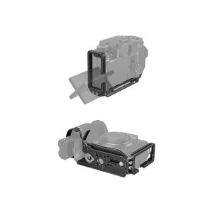 Two views of the SmallRig 3928 L-mount for the Fujifilm X-H2S attached to the camera, showing the side and bottom corners and the tilting LCD screen. The image has a grey tint, highlighting the L-bracket.