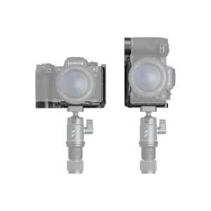 Two Fujifilm X-H2S cameras mounted on a tripod, front and side view. Partially transparent bodies highlight the attached black SmallRig 3928 L-mounts.
