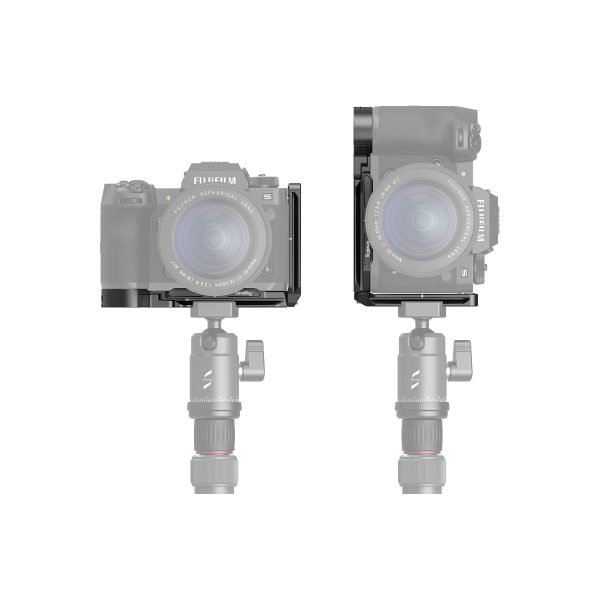 Two Fujifilm X-H2S cameras mounted on a tripod, front and side view. Partially transparent bodies highlight the attached black SmallRig 3928 L-mounts.