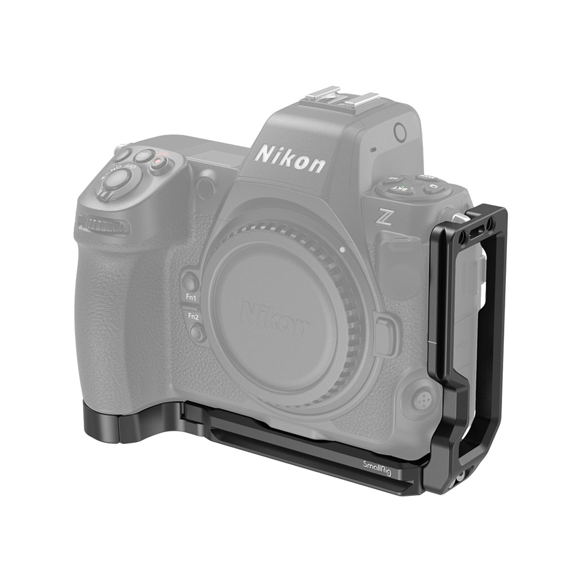 The SmallRig 3942 L-shaped mounting plate for the Nikon Z8 attaches to the bottom and side of the camera for mounting and stability. The black bracket with the SmallRig logo appears on the lens-less Nikon Z series camera.