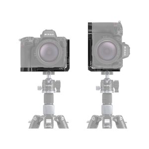 SmallRig_L-Shape_Mount_Plate_For_Nikon_Z8_3942_003 Kaksi läpinäkyvää kamerakuvaa - yksi maisemakuva ja yksi muotokuva - on kiinnitetty jalustalle SmallRig 3942 L-muotoisen kiinnityslevyn avulla Nikon Z8:lle, mikä osoittaa, kuinka helposti se vaihtaa kuvausasentoa.