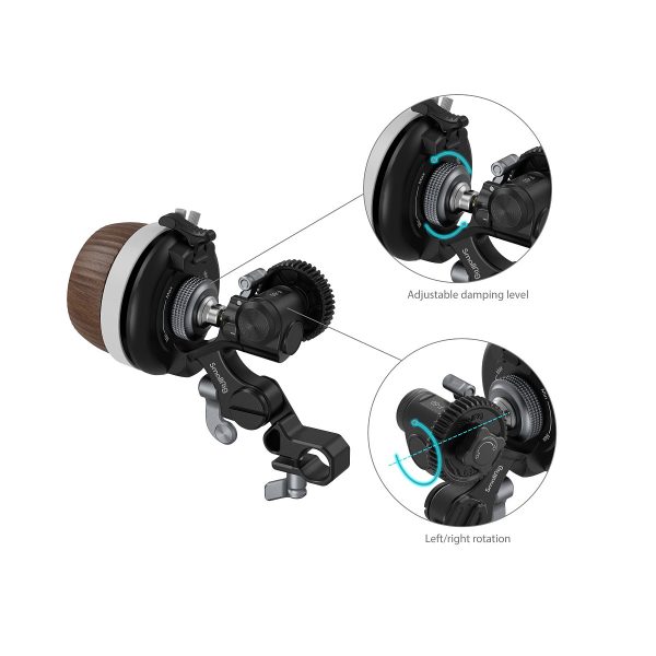 SmallRig_Modular_Follow_Focus_F60_3850_004 SmallRig 3850 Modular Follow Focus F60:n leikkauskaavio näyttää sisäiset vaihteet. Sisäkuvat korostavat säädettävää vaimennustasoa ja vasen/oikea-kiertoa, ja siniset viivat merkitsevät kunkin ominaisuuden komponentit.