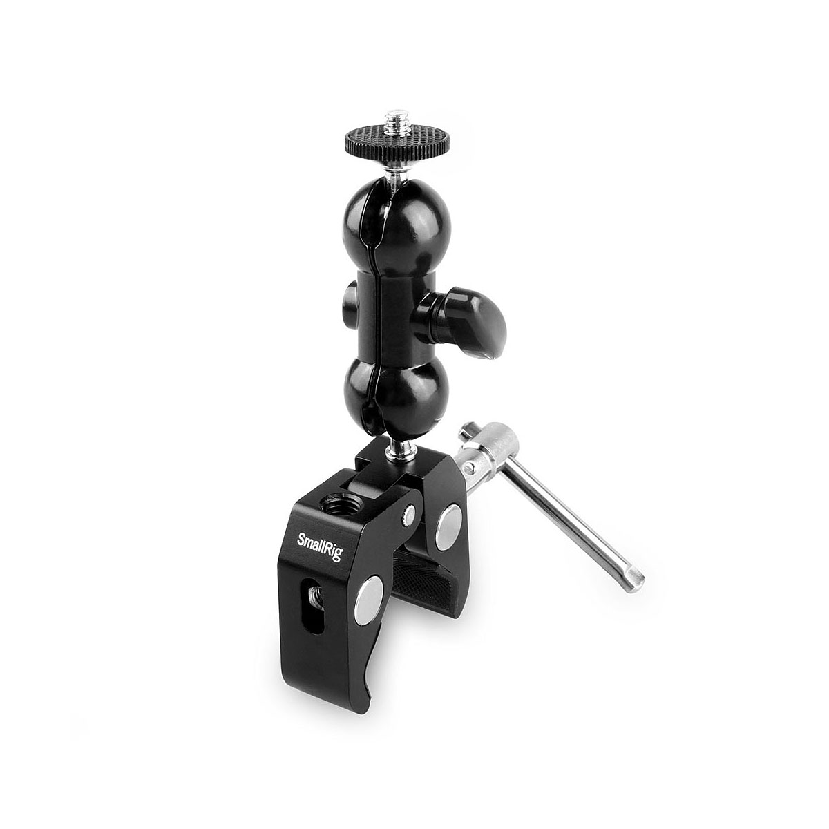 SmallRig 1138 Multi-function Super Clamp with Double Ball Heads & 1/4" Screw on musta metallinen kamerakiinnityspuristin, jossa on säädettävät varret ja ruuvinuppi ja joka on suunniteltu lisävarusteiden turvalliseen kiinnittämiseen pinnoille.