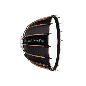 Sivunäkymä SmallRig 3585 RA-D55 Parabolic Softboxista, musta ja hopea, jossa on heijastava sisäpuoli ja valkoinen diffuusion etupuoli, suunniteltu valokuvaukseen ja videokuvaukseen.
