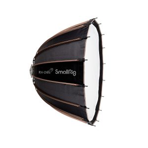 Mustavalkoinen sateenvarjon muotoinen SmallRig 3586 RA-D85 Parabolic Softbox, jossa on metallitangot, näkyy profiilissa valkoista taustaa vasten.