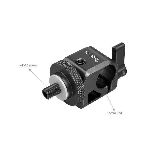 The SmallRig 860 Single RailBlock is a black metal camera accessory with a 1/4-20 screw on one side and a bracket for a 15 mm rod. The markings indicate the positions of the screw and rod.