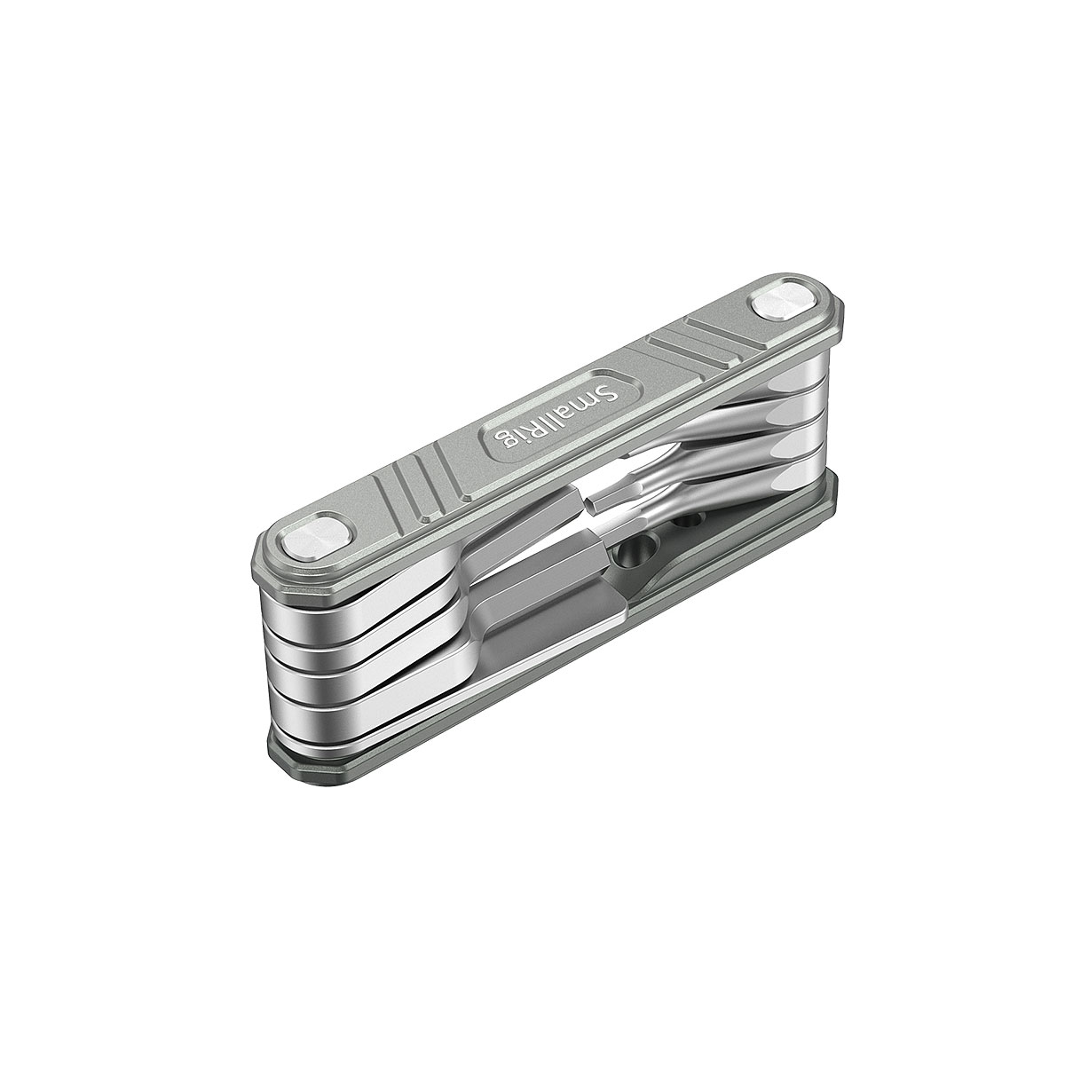 The SmallRig 2713 Universal 9-in-1 Folding Multi-Tool Kit for Videographers is a compact, silver-coloured tool with folding Allen keys and screwdrivers stored between two metal side plates, with "Smartk8" engraved on the top plate.