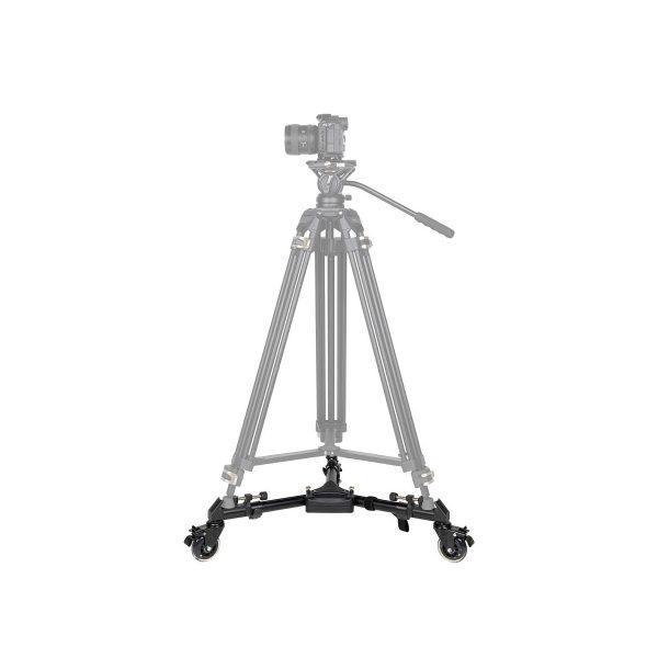 SmallRig_Universal_Tripod_Dolly_3986_001 SmallRig 3986 Universal Tripod Dolly, jossa on kolme pyörää, kiinnitetään jalustan ja kameran (korostuksen vuoksi häivytetty) jalustaan ja mahdollistaa sujuvan liikkeen ja tarkan paikannuksen kuvausta tai valokuvausta varten.