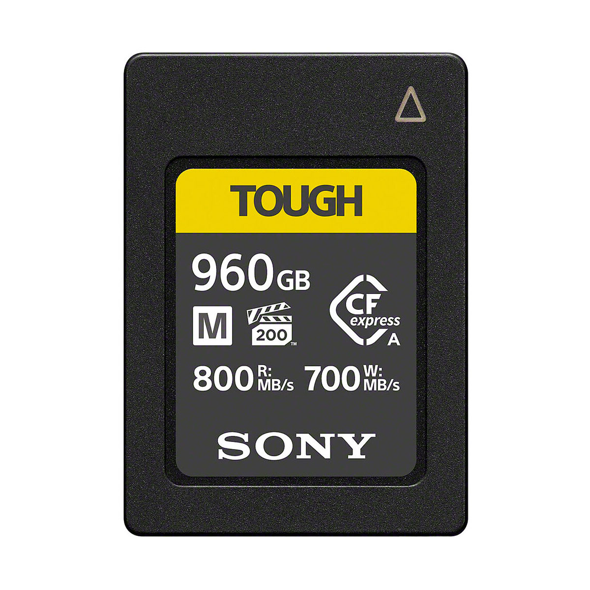 Etukuva Sony 960GB CFExpress Type A Tough - M -sarjan kortista, jonka lukunopeus on 800 MB/s ja kirjoitusnopeus 700 MB/s mustakeltaisella tarralla.