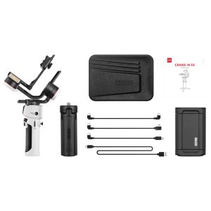 The Zhiyun Crane M3S Combo is shown in white with the gimbal, tripod grip, carrying case, four USB cables, battery/charging case and user manual.