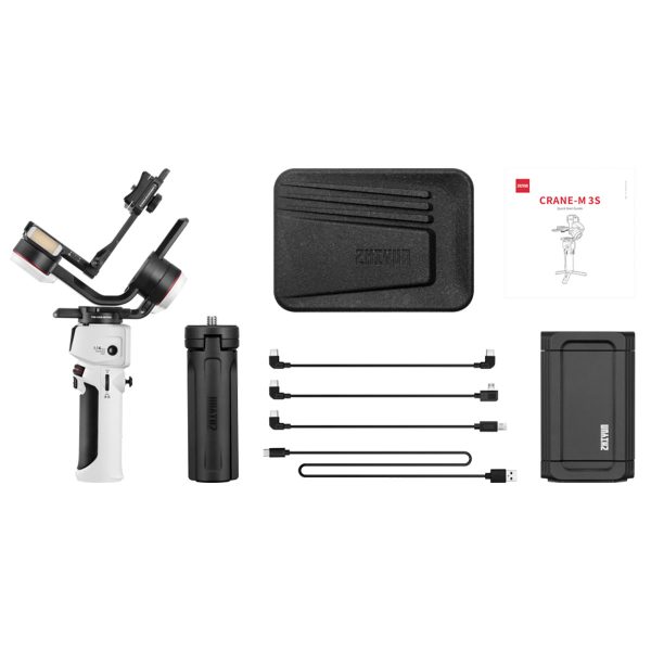 The Zhiyun Crane M3S Combo is shown in white with the gimbal, tripod grip, carrying case, four USB cables, battery/charging case and user manual.