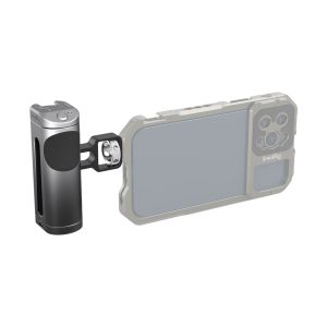 The SmallRig 3838 Side Handle with Wireless Control securely attaches a smartphone in a transparent case to a metal handle with a side mount, providing stability for mobile photography or video shooting.