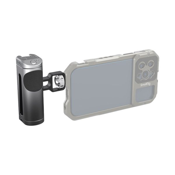 The SmallRig 3838 Side Handle with Wireless Control securely attaches a smartphone in a transparent case to a metal handle with a side mount, providing stability for mobile photography or video shooting.