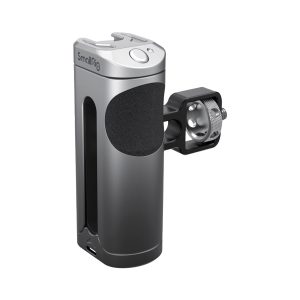 The SmallRig 3838 Side Handle for Smartphone is a metal, cylindrical handle with a textured black panel, top button, side accessory clip and wireless control.