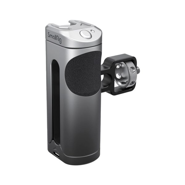 The SmallRig 3838 Side Handle for Smartphone is a metal, cylindrical handle with a textured black panel, top button, side accessory clip and wireless control.