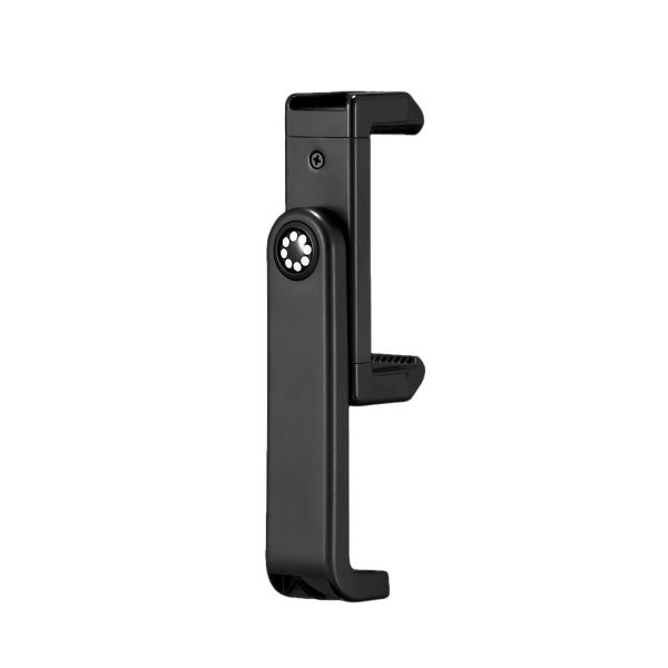 Joby Compact Advanced Kit -kolmijalka on musta säädettävä älypuhelimen pidike, jossa on hammaspyörämäinen säätönuppi, kuvassa pystyasennossa valkoista taustaa vasten.